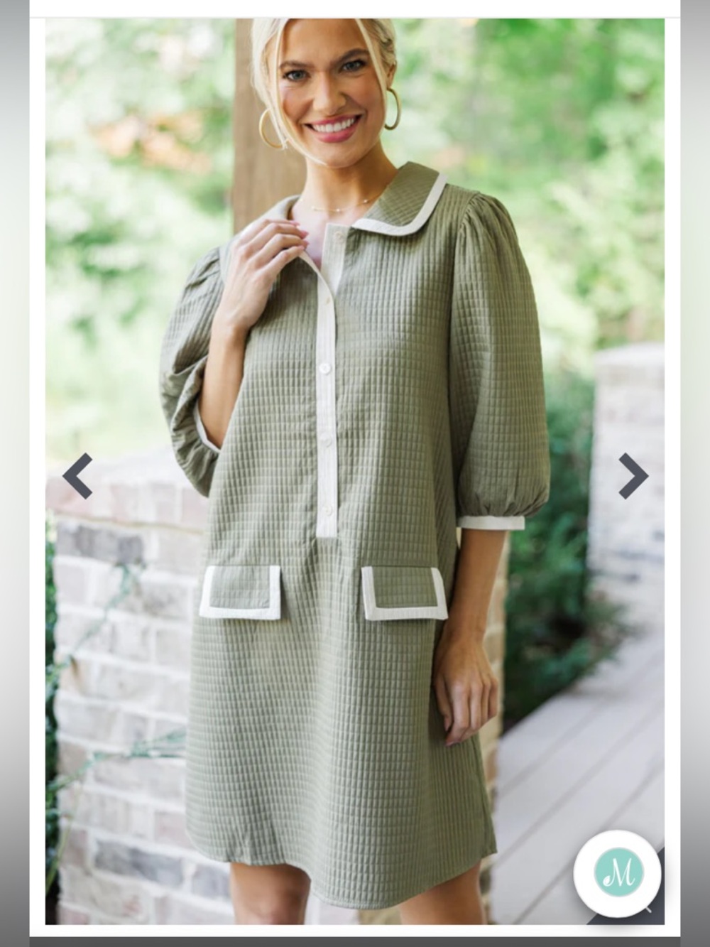 THML Olive Green Quilted Shirt Dress with White Trim